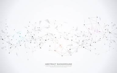 Geometric abstract background with connected dots and lines. Molecular structure and communication concept. Digital technology background and network connection.