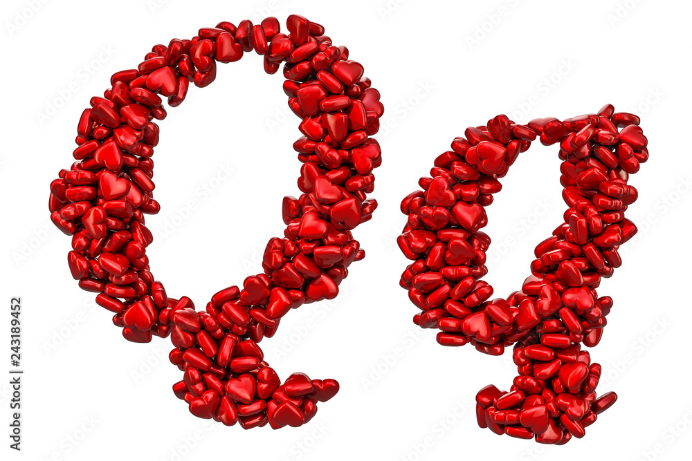 Fototapete cursive letter q from red hearts, capital and small letters. 3d rendering