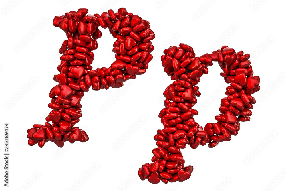 Fototapete cursive letter p from red hearts, capital and small letters. 3d rendering