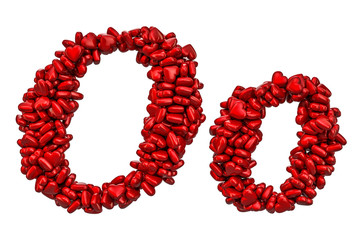 Cursive letter O from red hearts, capital and small letters. 3D rendering