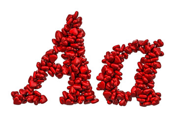 Cursive letter A from red hearts, capital and small letters. 3D rendering