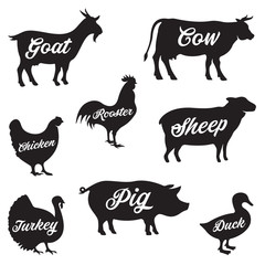 Set of butchery logo. Farm animals silhouettes collection for groceries, meat stores, packaging and advertising. Beef, pork, chicken, milk labels.