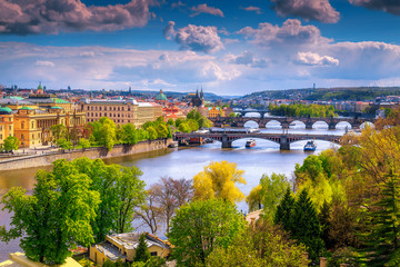 Fototapeta na wymiar Fantastic cityscape panorama with bridges and river, Prague, Czech Republic