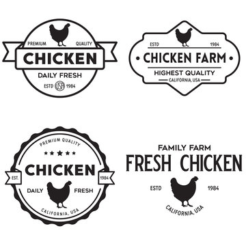 Set of chicken logo, retro print, poster for Butchery meat shop, farm etc. Farm Products, Organic and chicken silhouette.