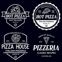 Set of pizza logo, badges, banners, emblems for fast food restaurant. Collection labels for menu design restaurant or pizzeria.
