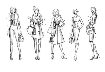 Street look. Fashion illustration, vector sketch - 243192009