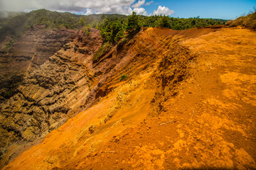Wanderweg aus rotbraunem Sand entlang einer Klippe im Waimea Canyon Kauai