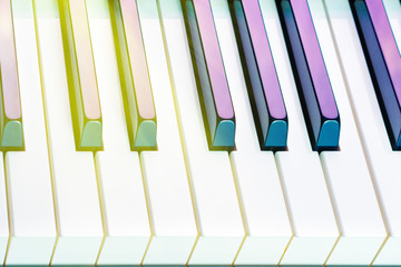 Professional midi keyboard piano keys in double exposure.Modern pianist key board synthesizer.Digital midi keyboard for professional musician.