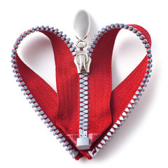 Red zipper in shape of a heart on white background.