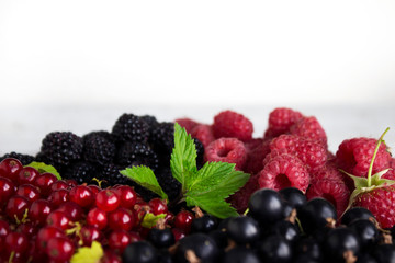 Black and red currants, black and red raspberries on a plate with a leaf of raspberry, white