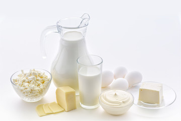 Milk, cottage cheese, sour cream, cheese, butter, eggs, still life from healthy dairy products. Dairy nutrition is good for children's health. Homemade milk and what can be made from milk.