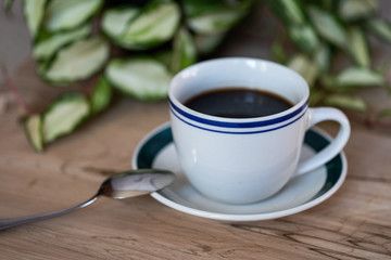 A cup of coffee with a coffee spoon and a pot of green plant on the background