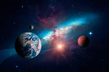 Foto op Plexiglas Jongenskamer Planeten van het zonnestelsel tegen de achtergrond van een spiraalstelsel in de ruimte. Elementen van deze afbeelding geleverd door NASA.