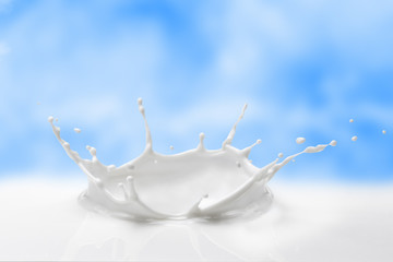 Milky splash against the blue sky with gentle clouds. Splash of milk in the form of a milk crown.