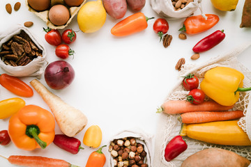 Vegetables on white background flat lay top view. Healthy food concept with copy space for text