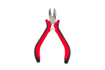 Nippers for cutting wire with red and black plastic or rubber handles isolated on white background without shadow