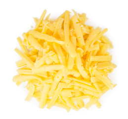 Pile of grated cheese on a white. The form of the top.