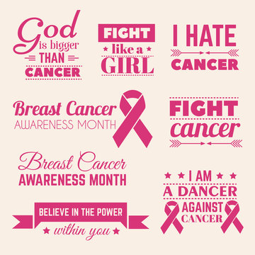 Collection of quote typographical background about cancer with ribbon. Vector template for card poster banner label and t-shirt