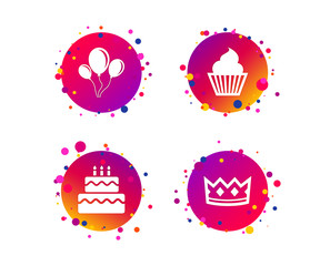 Birthday crown party icons. Cake and cupcake signs. Air balloons with rope symbol. Gradient circle buttons with icons. Random dots design. Vector