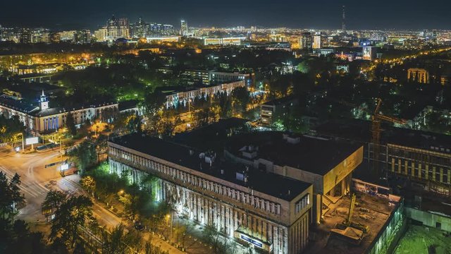 4k Timelapse movie film clip of Almaty city lights at dusk, Kazakhstan, Central Asia. Traffic with cars and clouds during night time.
