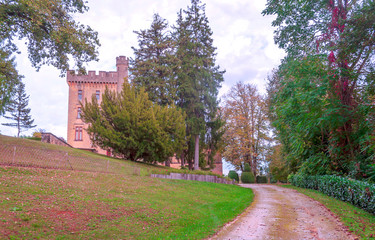 Medieval village of Aquitaine with its stone houses in the south of France on a cloudy day.