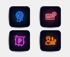 Fototapeta premium Neon set of Positive feedback, Parking and Cashback icons. Business growth sign. Award medal, Auto park, Non-cash payment. Earnings results. Neon icons. Glowing light banners. Vector