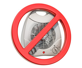 Forbidden sign with fan heater, electrical overload concept. 3D rendering