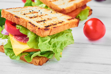 Two sandwiches with ham, lettuce and fresh vegetables on a white background