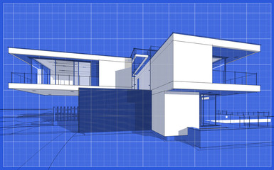 Fototapeta na wymiar 3d rendering sketch of modern cozy house with garage for sale or rent. Graphics black line sketch with white spot on blueprint background