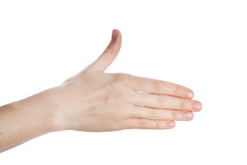 Woman hand show direction gesture, open hand isokated on a white background