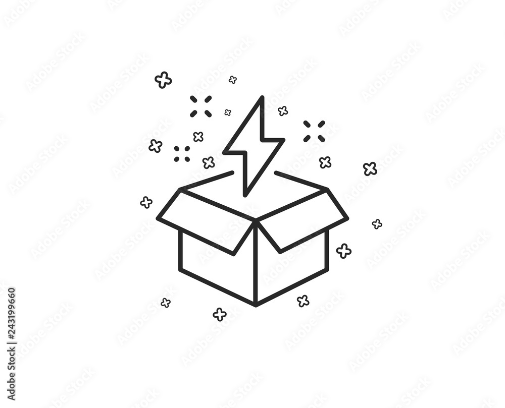 Poster out of the box line icon. creativity sign. gift box with lightning bolt symbol. geometric shapes. ra