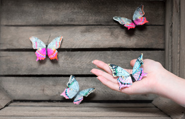 Decorative butterfly in a hand wooden background