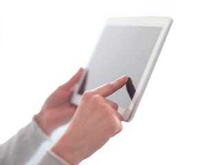 close up.woman's hand pressing on screen digital tablet .photo w