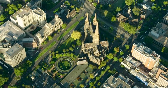 Aerial view at sunrise St Patricks Cathedral Melbourne