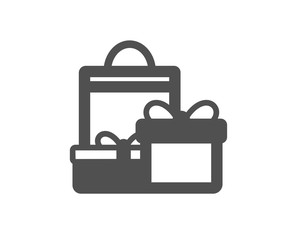 Gift boxes with bag icon. Present or Sale sign. Birthday Shopping symbol. Package in Gift Wrap. Quality design element. Classic style icon. Vector