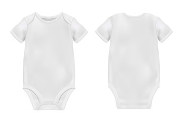 Vector Realistic White Blank Baby Bodysuit Template, Mock-up Closeup Isolated on White Background. Front and Back Side. Body children, baby shirt, onesie. Accessories, clothes for newborns. Top view