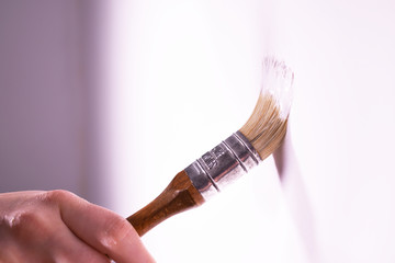 Painting wall with paint brush, white colour