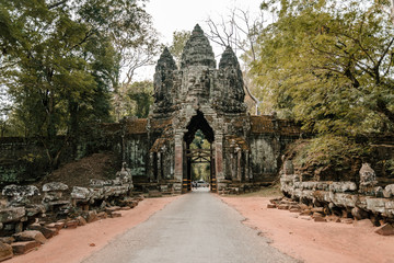 Fototapeta na wymiar South gate of Bayon Temple in Angkor Wat, Siem Reap, Cambodia