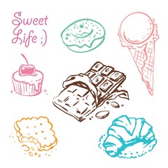 Sweet Desserts Doodle Vector Illustrations Set