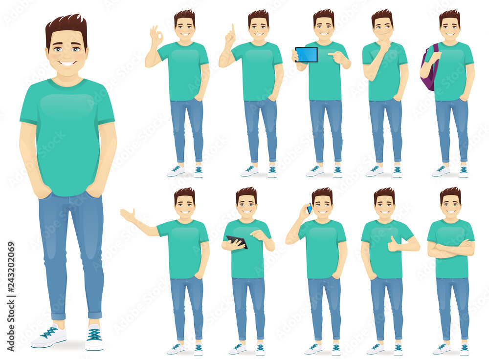 Wall mural Man in casual outfit set with different gestures isolated