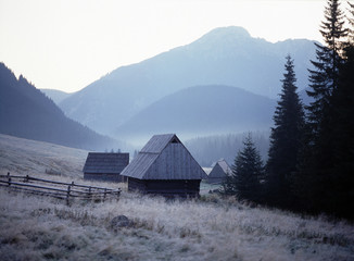 Shepherd's huts on Chocholowska Valley and Kominiarski Wierch Mountain, Tatry mountains, Poland