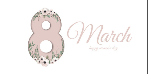Banner for the International Women s Day. Greeting card for March 8 with spring plants, leaves and flowers.