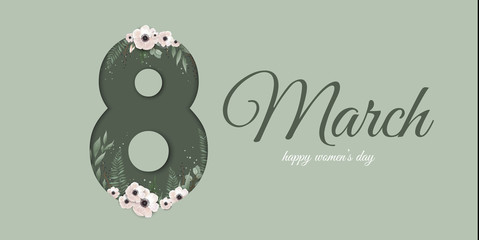 Banner for the International Women s Day. Greeting card for March 8 with spring plants, leaves and flowers.