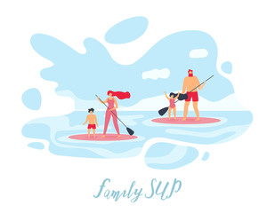 Family Standup Paddleboarding Flat Vector Banner