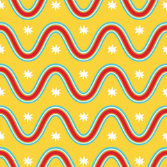 Colorful 1970's pop art seamless stylized wave pattern in red, yellow and turquoise. Fun throwback beachy vector repeat. Has a California surf feel, great for party invitations, fashion and textiles.