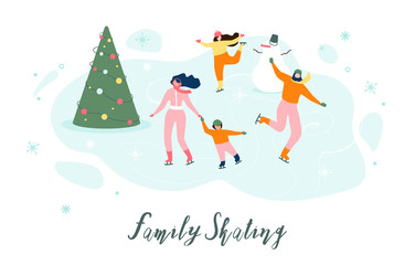 Skating with Family on Ice Rink Vector Concept