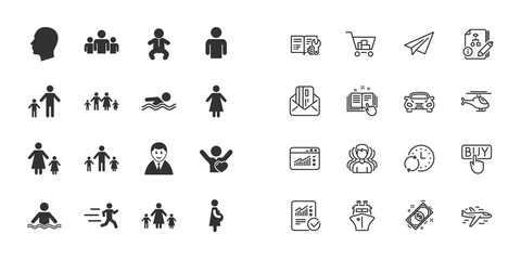 Set of People and Family icons. Swimming pool, Love and Children signs. Mother, Father and Pregnant woman symbols. Paper plane, report and shopping cart icons. Group of people. Vector