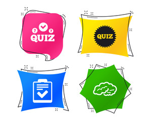 Quiz icons. Human brain think. Checklist symbol. Survey poll or questionnaire feedback form. Questions and answers game sign. Geometric colorful tags. Banners with flat icons. Trendy design. Vector