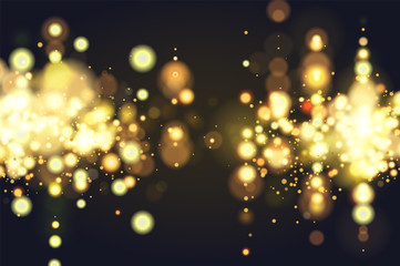 Golden bokeh sparkle glitter lights background. Abstract defocused circular party magic christmas background. Elegant, shiny, metallic gold background. EPS 10.