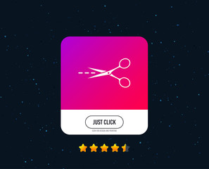 Scissors with cut dash dotted line sign icon. Tailor symbol. Web or internet icon design. Rating stars. Just click button. Vector